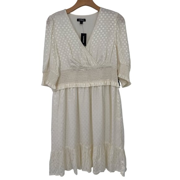 Express Ivory Smocked Puff Sleeve Dress womesns size large satin new $79 - Picture 1 of 6